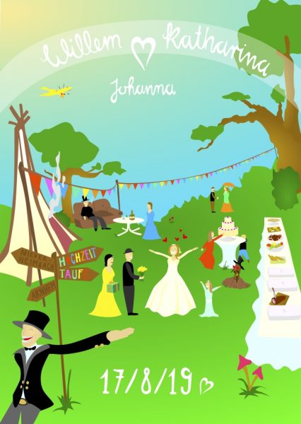 Hochzeit Einladungskarte DeBeijer - Frontillustration mit Gartenfest-Szenerie