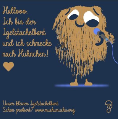 "Der kleine Igelstachelbart" - witzige Illustration mit Spruch eines personifizierten Igelstachelbarts mit Mikrofon im Rampenlicht.